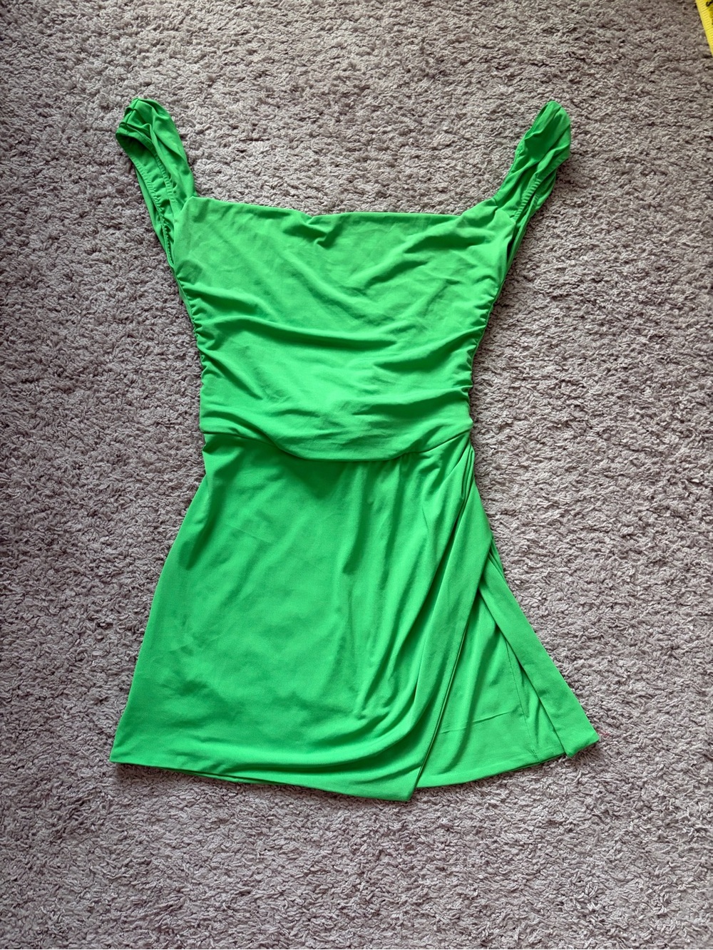 Tiger Mist Bright Green Off-Shoulder Mini Dress